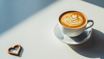 Firefly latte art heart, creamy coffee in white cup on saucer, placed at bottom left corner, huge clean background, luxury minimalist morning light