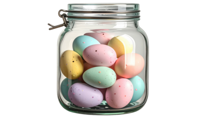 Pastel eggs with spots filling a clear, glass jar with wire closure, set against a solid black background