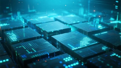 Futuristic data center with illuminated server racks in a high-tech environment