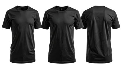 Three plain black t-shirts, viewed front, slight angle, and back, isolated on a dark background