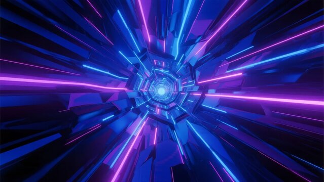 Abstract digital tunnel with glowing blue and purple light rays converging toward a central point - Powered by Adobe