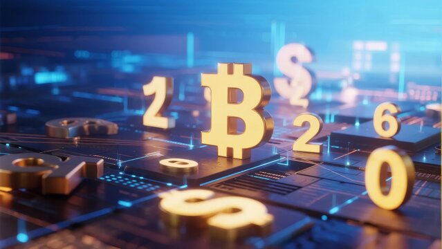Digital representation of cryptocurrency symbols and numbers on a futuristic circuit board background