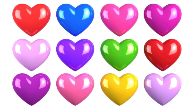 A grid of twelve bright, glossy heart shapes in vibrant, varied colors against a stark black background - Powered by Adobe