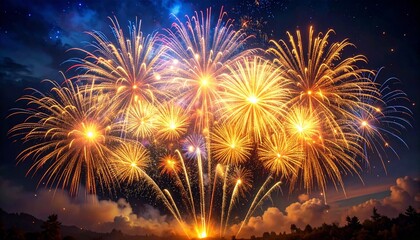 A burst of vibrant fireworks lighting up the night sky, with sparkling sparks, glowing trails, and colorful explosions.