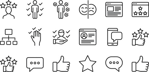 Customer feedback icons collection featuring rating stars, review symbols, approval signs, profile evaluations, communication bubbles, quality assurance and satisfaction graphics