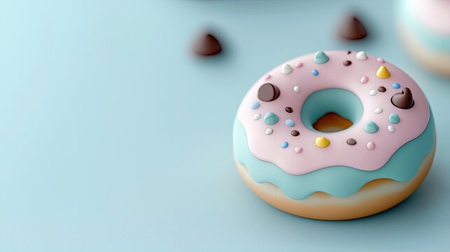 A close-up shot of a colorful decorated donut on a light blue surface. The donut has pink icing, blue frosting, and colorful sprinkles.