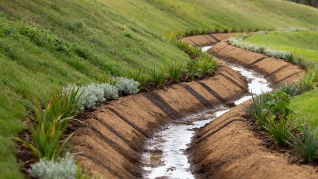 Medium frame of a gently sloping terrain featuring a swale system lined with native plants demonstrating sustainable water management practices.