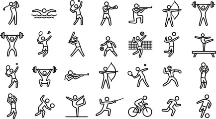 Collection of sports activity icons featuring athletes performing various games, fitness exercises, competitive sports, training movements, recreation symbols, outline illustrations