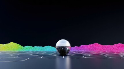 A reflective disco ball sits on a hexagonal grid, with colorful mountain-like structures in the background, all set against a dark backdrop.