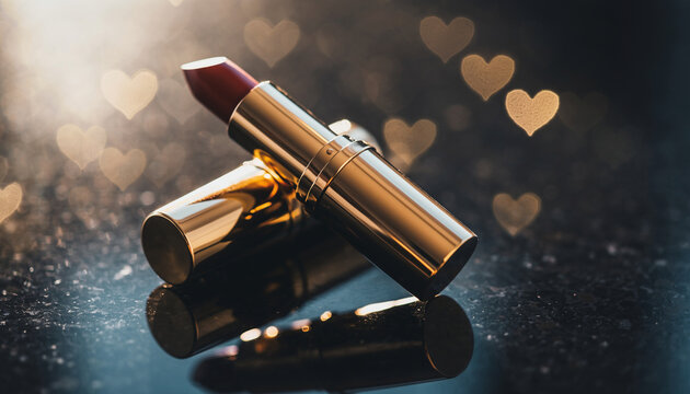 Gold lipstick tube red lipstick black granite surface glowing heart bokeh luxury cosmetic elegant romantic shiny beauty product glamour