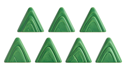 Rows of green triangular objects with stacked ridge-like structures, resembling tiny stylized mountains