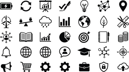 Business, education, finance, and technology icon collection featuring analytics symbols, growth charts, global elements, creative ideas, sustainability, networking, and productivity concepts