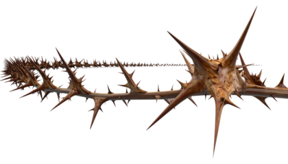 A sharp, angled, brown branch with large spikes, set against a stark black background