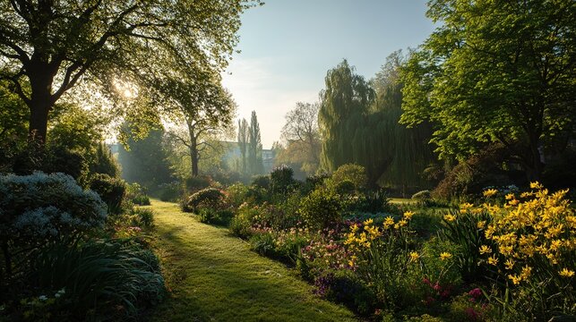english. A serene English park blooms with flowers under morning sunlight filtering through trees. gardening catalogs, home-decor guides, designed for home decor and floral branding. - Powered by Adobe