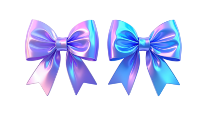 Two shiny, iridescent bows one pinkish purple, one blue, isolated on a black background