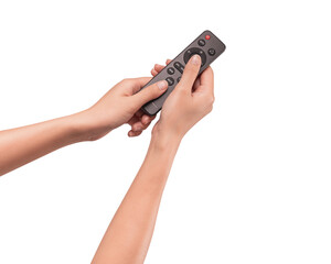 Hand holding remote control isolated on isolated on transparent PNG.	