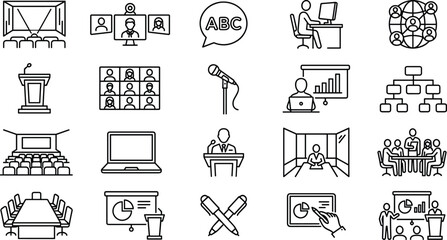 Business presentation and meeting icons collection with conference symbols, online training illustrations, teamwork elements, corporate communication outline graphics set