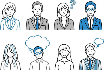 Business people character illustration set showing various emotions, expressions, confusion, thinking, stress and professional office workers in simple line style