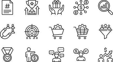 Business marketing icons collection featuring sales growth, customer engagement, lead generation, financial success symbols, digital commerce elements, strategy outline illustrations set