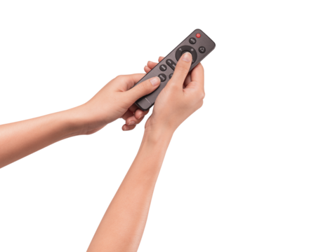 Hand holding remote control isolated on isolated on transparent PNG.	