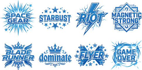 Bold blue graphic emblem collection featuring dynamic text logos, lightning effects, star elements, modern typography, energetic futuristic badge designs