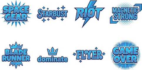 Bold blue vector text logo collection featuring dynamic typography, star accents, lightning effects, modern emblem designs, energetic graphic label icons