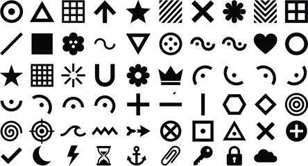 Black minimalist geometric icon collection featuring symbols, shapes, arrows, patterns, UI elements, decorative signs, abstract graphics, and modern design icons