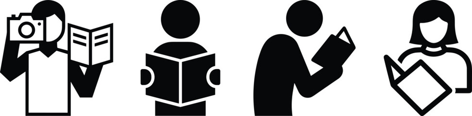 Black and white icons of people reading books and taking photos, creative educational illustration set for learning, study, photography concepts