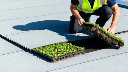 Technician fitting various pregrown plant modules together on a commercial roof emphasizing the flexibility and ease of installing modular green roofing systems.