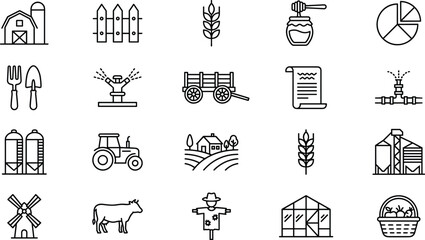 Agriculture farming icon set with barn, tractor, tools, silo, greenhouse, cow, field landscape, irrigation, harvest, organic food symbols