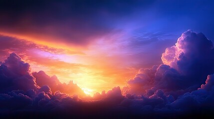 A beautiful sunset with dramatic clouds and vibrant colors. The sun is setting, casting a warm glow over the clouds.