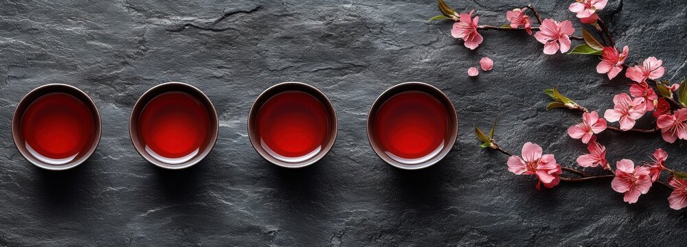 Four small tea cups filled with dark red tea arrange on a slate surface along with pink peach blossoms