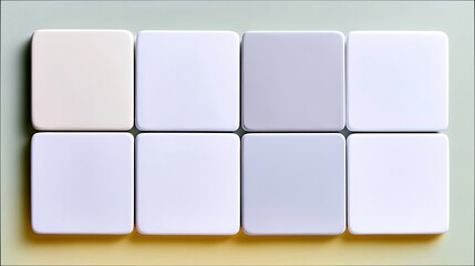 Overhead shot of eight square tiles in various shades of white, arranged in a grid pattern. The tiles create a color palette.
