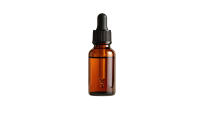 Dark brown bottle with dropper filled with amber-colored liquid, centered on a black background