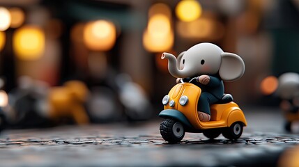 A cute elephant toy is riding a yellow scooter on a cobblestone street. The background is blurred with bokeh lights.