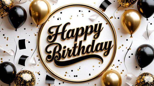 Happy birthday text in a gold circle with balloons and confetti on white background 4K and HD iamge