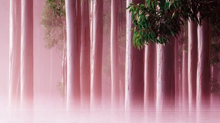 A serene landscape of eucalyptus trees shrouded in a pink mist, creating a dreamy atmosphere.