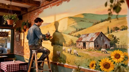 Medium shot capturing a muralist painting a rustic countrysidethemed artwork on a café wall evoking warmth and a cozy inviting ambiance for customers.
