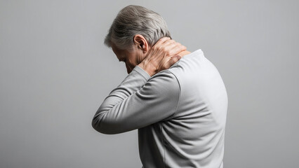 Senior person touching the back of their neck in pain, back view or side view medical-style posture