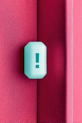 A turquoise exclamation mark on a geometric shape is positioned in the corner of two red and pink walls. The image is a close-up shot.