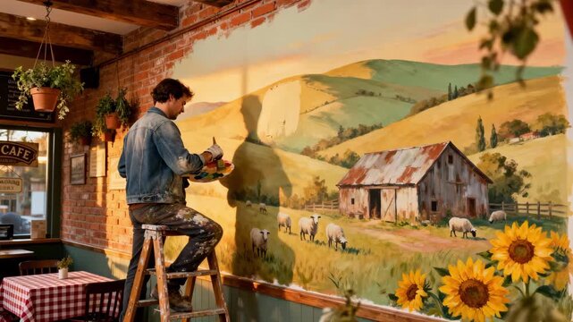 Medium shot capturing a muralist painting a rustic countrysidethemed artwork on a café wall evoking warmth and a cozy inviting ambiance for customers.