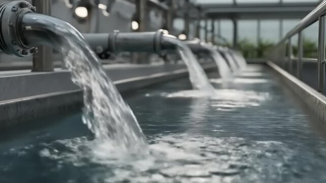 Water flowing from pipes into a large tank in a modern facility
