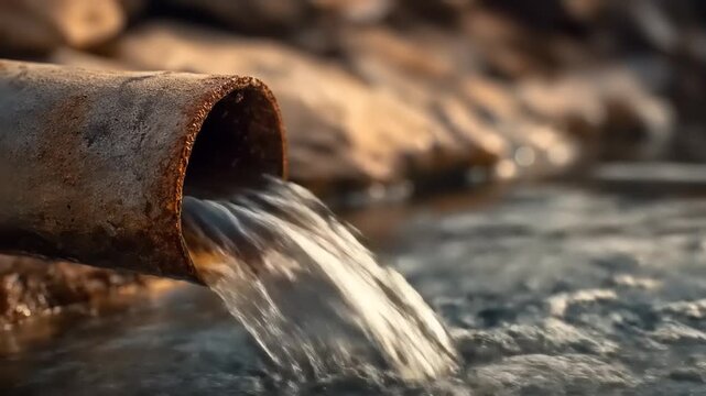 Water flowing from old pipe close up of rusty metal and clear liquid