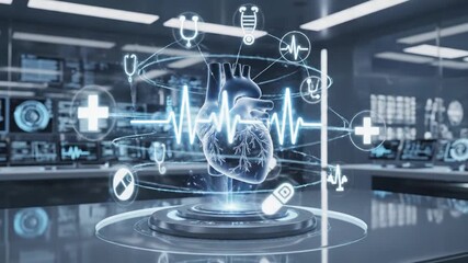 Medical interface with 3D human heart. Heartbeat line and medical icons. Laboratory background with equipment. Blue and white color scheme. Futuristic technology. Health and medicine concept. Virtual - Powered by Adobe