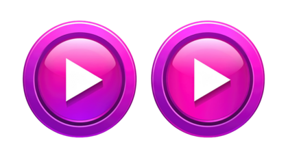 Two glossy, round, play buttons, one magenta, one pink, each with a white triangle, sit on a solid black background
