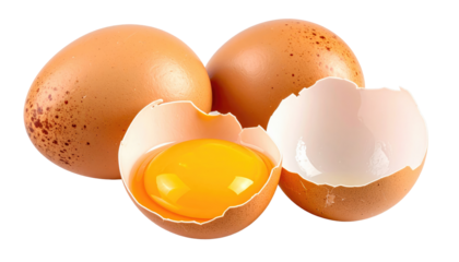 Three brown eggs, one cracked open showing yolk, against black background, close-up