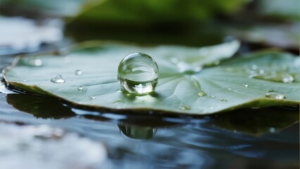 A close-up of a water droplet resting on a lily pad, reflecting its surroundings in a calm pond.