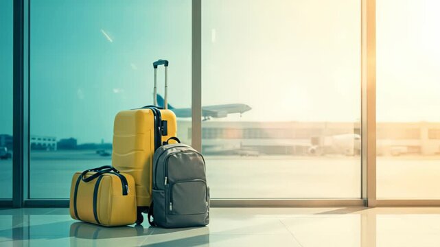 Luggage collection featuring a yellow suitcase, black backpack, and duffel bag, positioned near airport window, as airplane takes off, showcasing travel anticipation