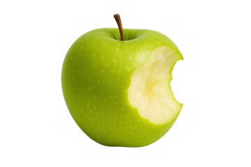 Green apple with a bite showing the white flesh, representing healthy eating, a snack, temptation, and learning. Transparent background