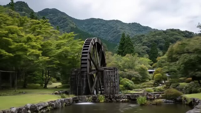 Water wheel turning near lush green landscape with mountains in the background